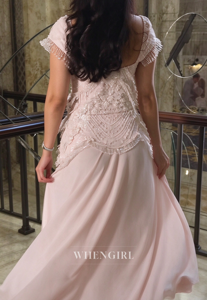 Beaded Drop-Waist Gown with Beaded Fringe Cap Sleeves