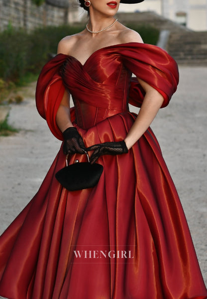 Off-the-Shoulder Pleated Tea-Length Dress