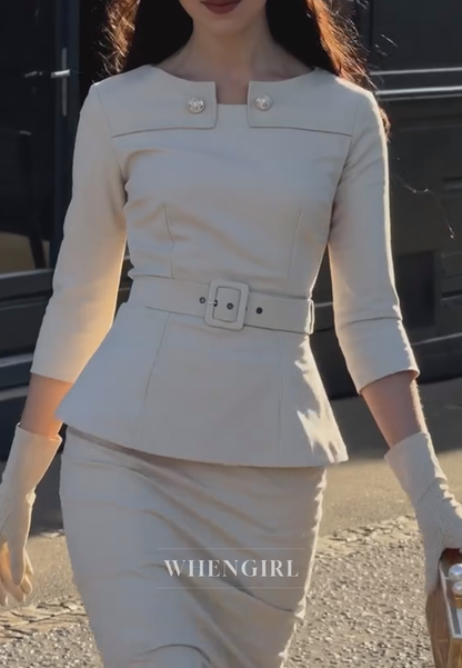 Peplum Midi Dress with Belt and 3/4 Sleeves