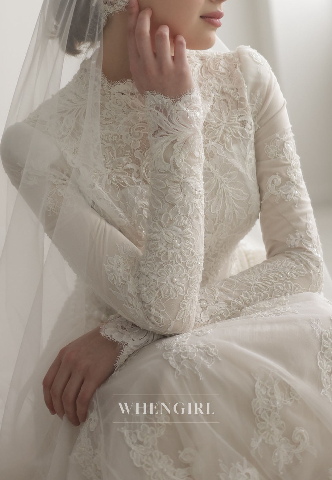 High Neck Lace Wedding Dress with Long Sleeves