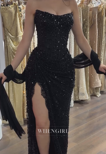 Strapless Beaded Corset Gown with High Slit