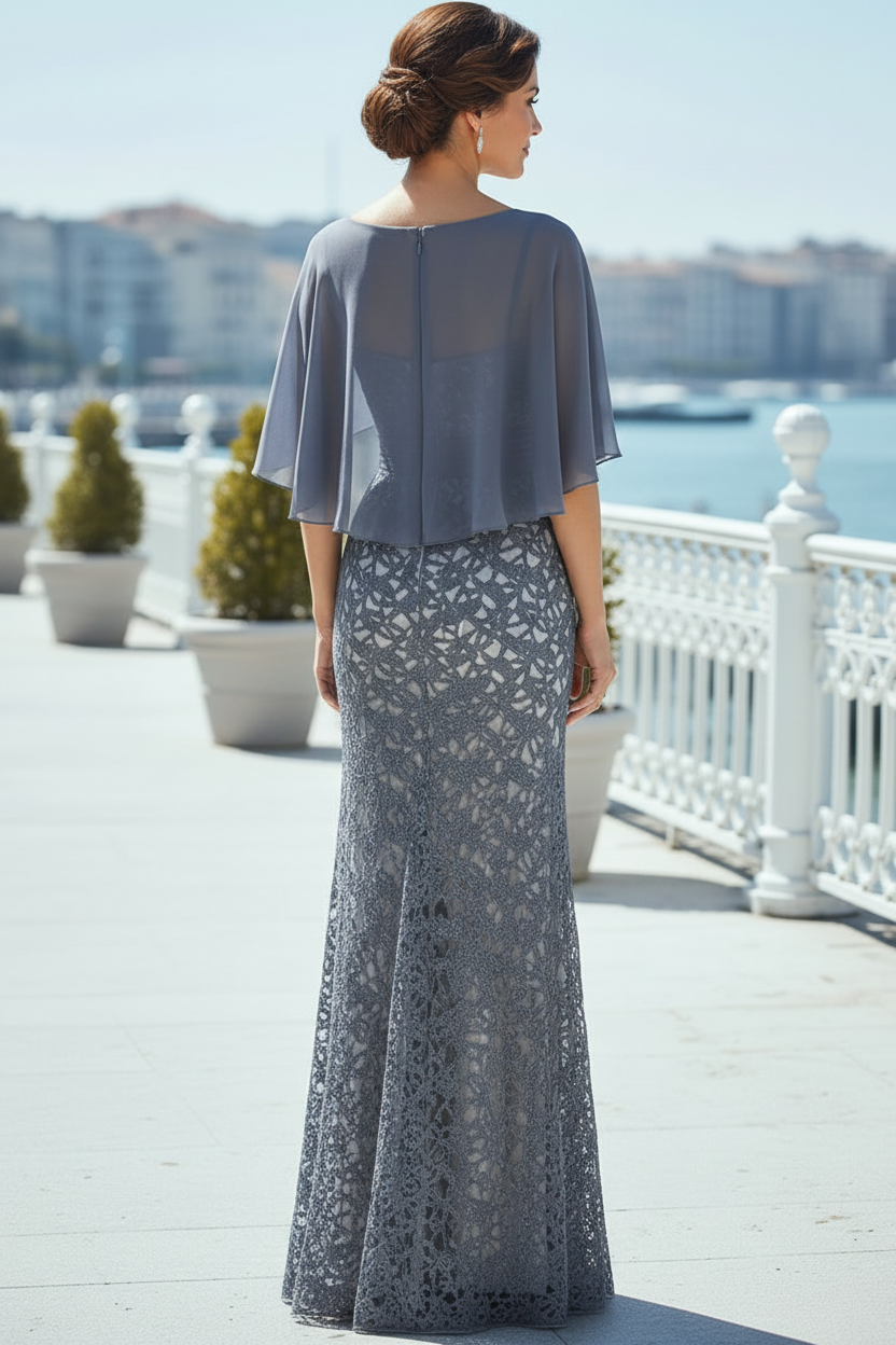 Lace Mermaid Gown with Sheer Flutter Capelet