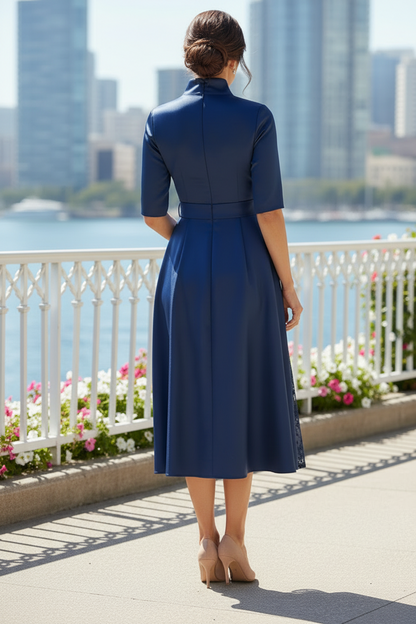 Satin Lace Panel Tea-Length A-Line Dress