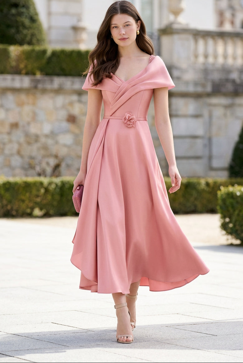 Folded Portrait Neckline A-Line Tea-Length Dress