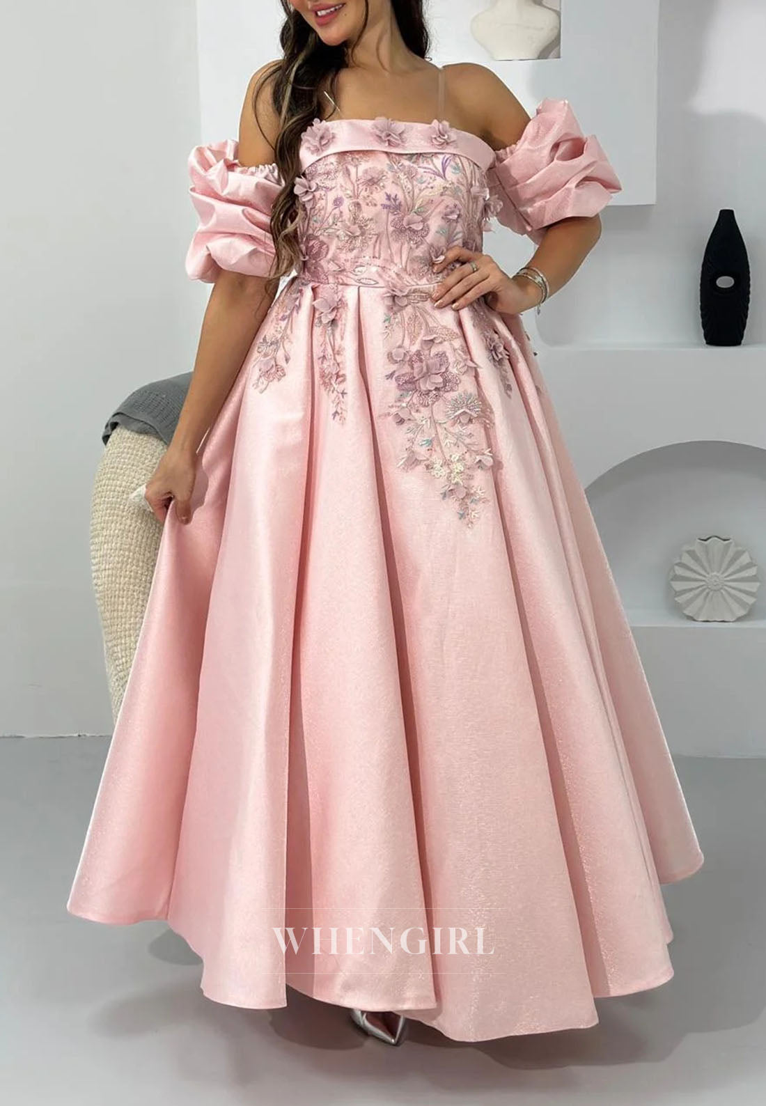 Floral Applique Puff Sleeve Ankle Gown