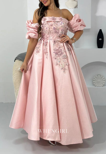 Floral Applique Puff Sleeve Ankle Gown