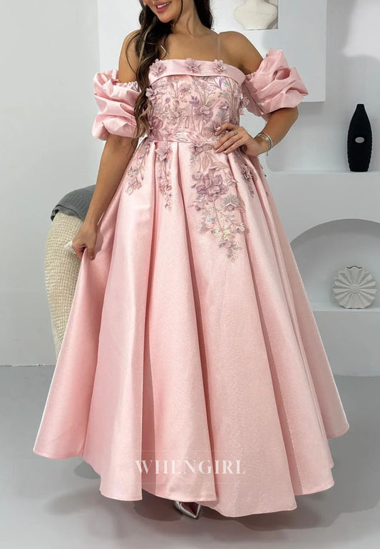 Floral Applique Puff Sleeve Ankle Gown