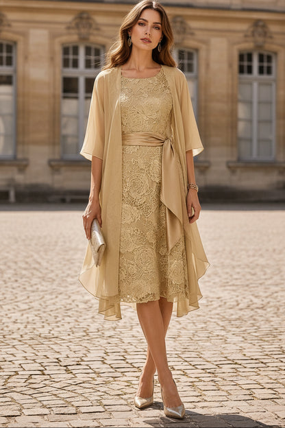Lace Midi Dress with Flowy Chiffon Shawl & Sash