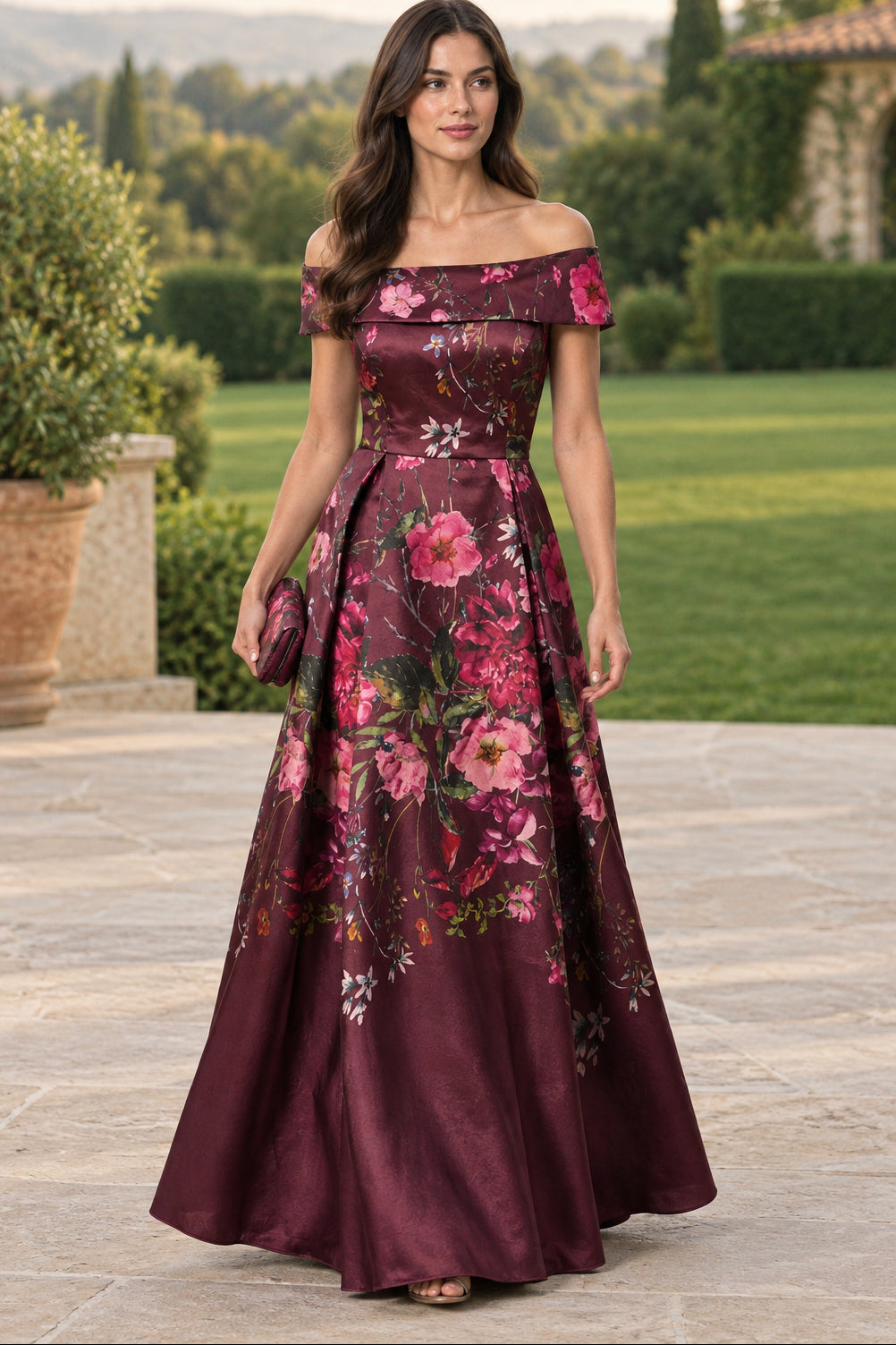 Off-the-Shoulder Floral A-Line Evening Gown with Pockets