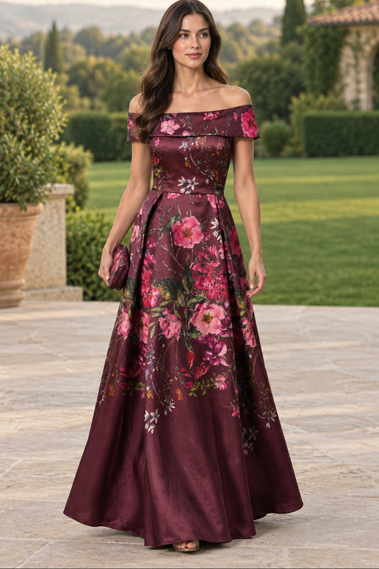 Off-the-Shoulder Floral A-Line Evening Gown with Pockets