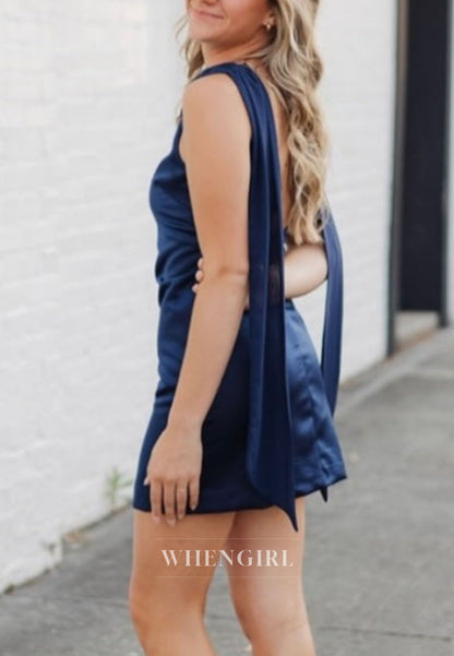 Cowl Neck Satin Mini Dress with Draped Tail Sash