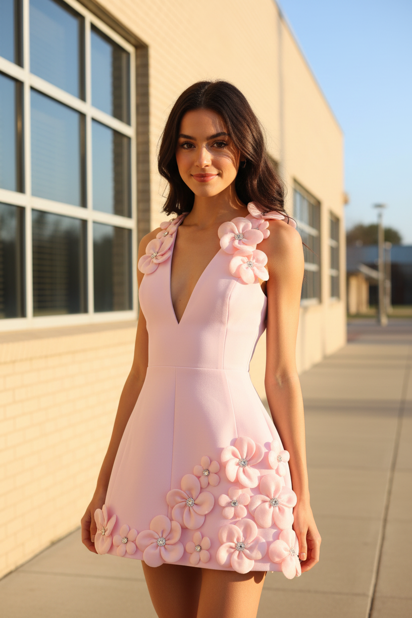 Sleeveless Floral Applique V-Neck Mini Dress