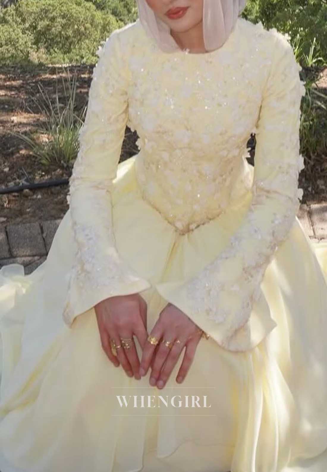 High Neck 3D Floral Applique Long Sleeve Gown