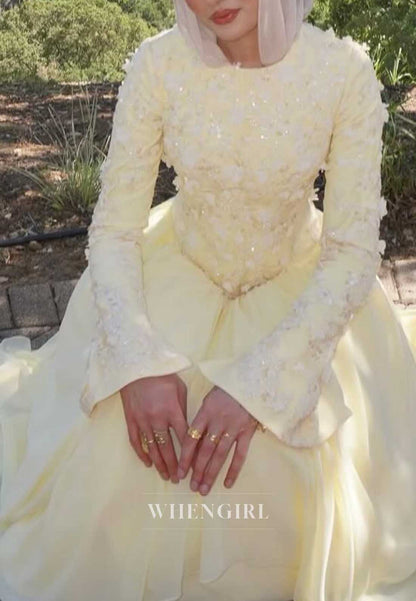 High Neck 3D Floral Applique Long Sleeve Gown