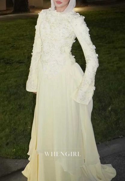 High Neck 3D Floral Applique Long Sleeve Gown