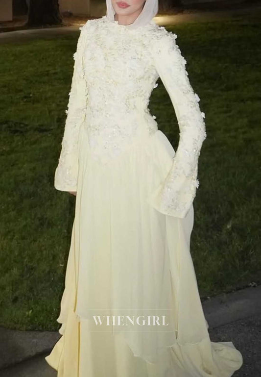 High Neck 3D Floral Applique Long Sleeve Gown