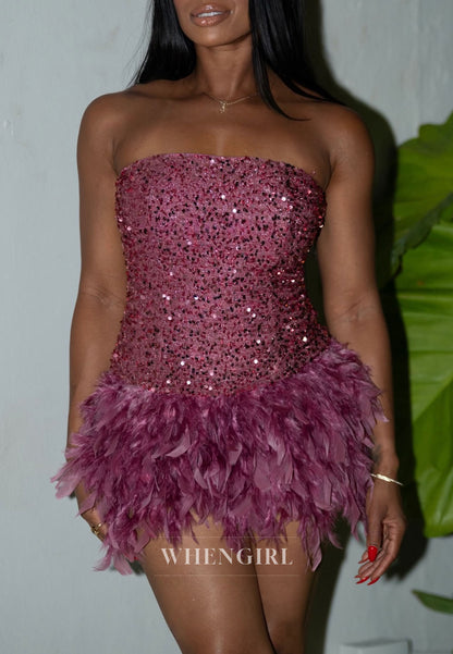 Strapless Sequin Feather Mini Dress