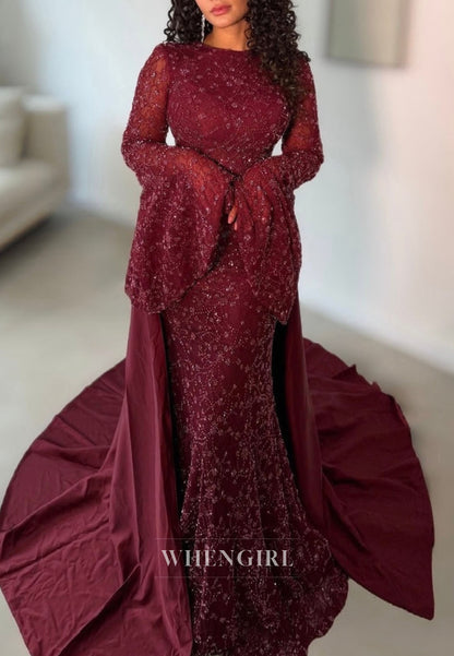 Bell Sleeve Beaded Lace Mermaid Gown with Train