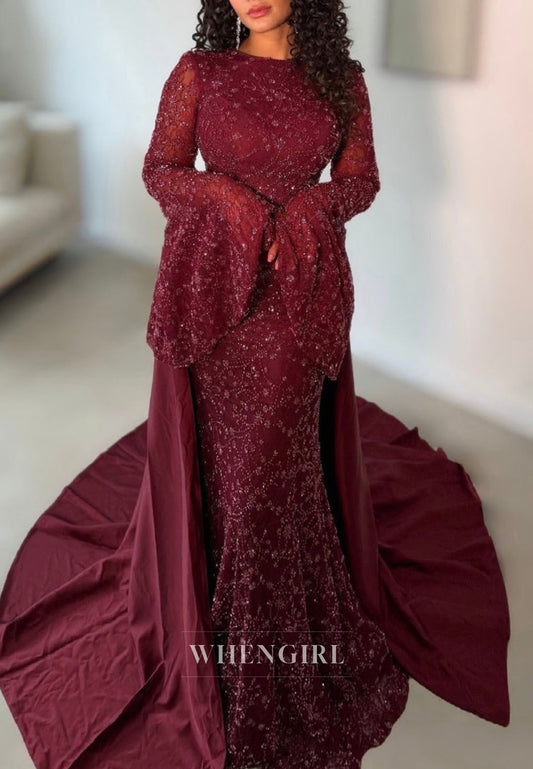 Bell Sleeve Beaded Lace Mermaid Gown with Train