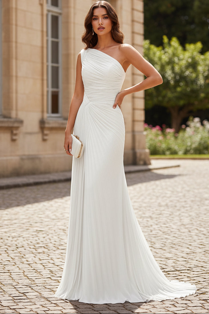 One-Shoulder Pleated Evening Gown with Sweep Train