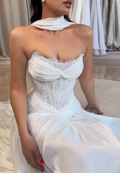 Corset Pleated Wedding Dress with Neck Scarf