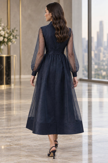Organza Shirt Midi Dress with Tie Belt