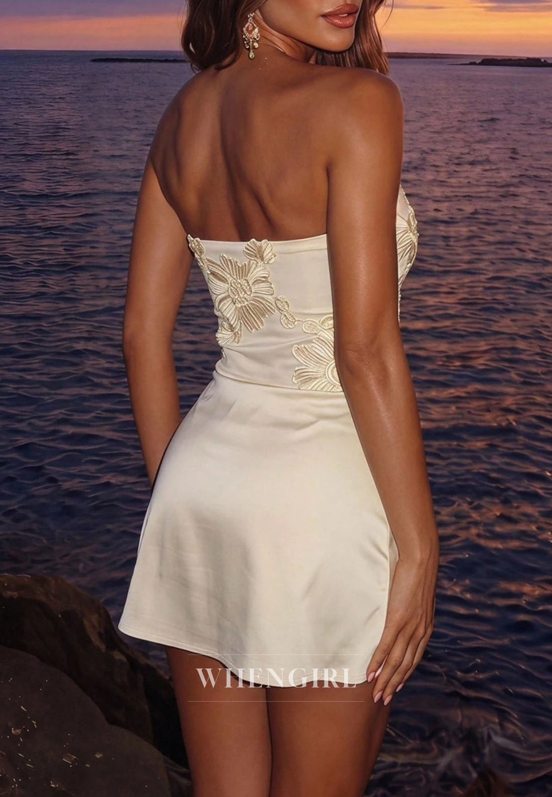 Strapless Embroidered Satin Mini Dress with Ruched Skirt