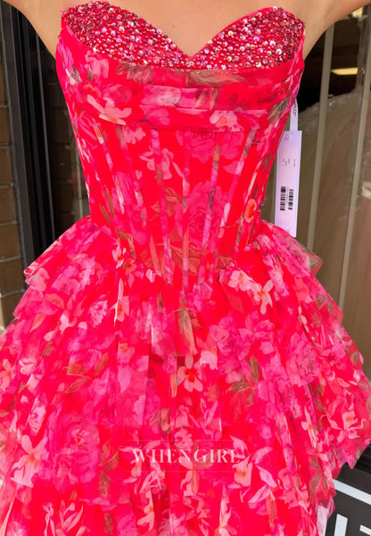 Floral Strapless Beaded Corset Tiered Mini Dress