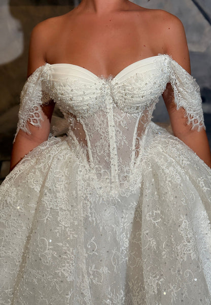Lace Off-the-Shoulder Corset Ball Gown Wedding Dress