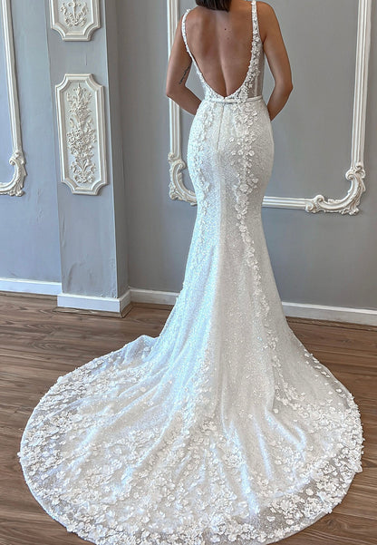 3D Floral Sequin Mermaid Wedding Dress