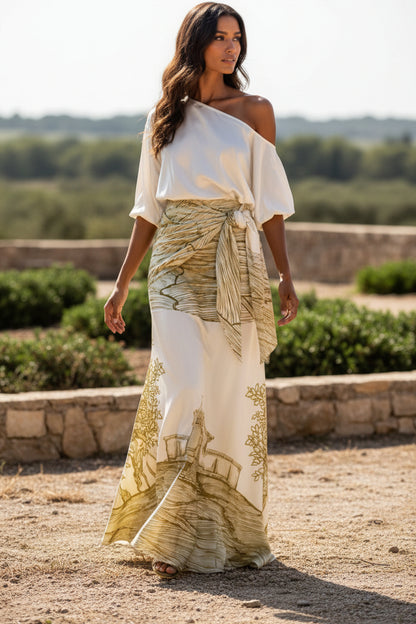 One-Shoulder Maxi Dress with Scenic Print and Waist Tie