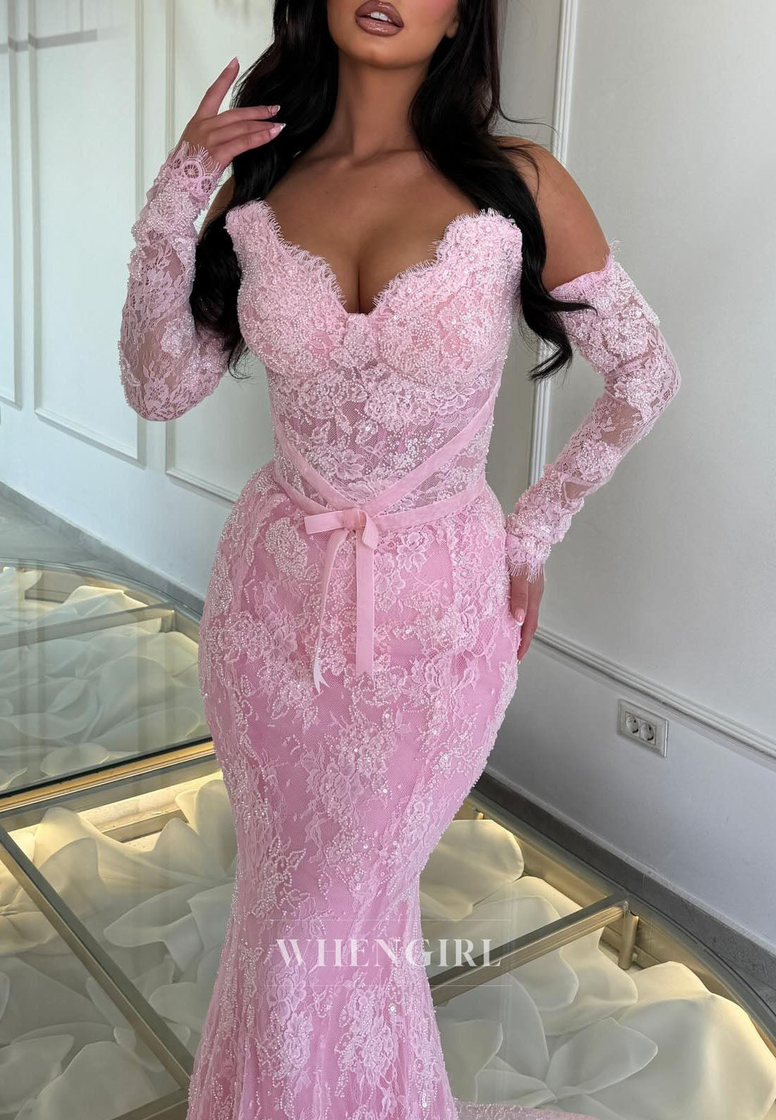 Off-the-Shoulder Long Sleeve Lace Mermaid Gown