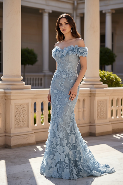 3D Floral Off-the-Shoulder Trumpet Evening Gown