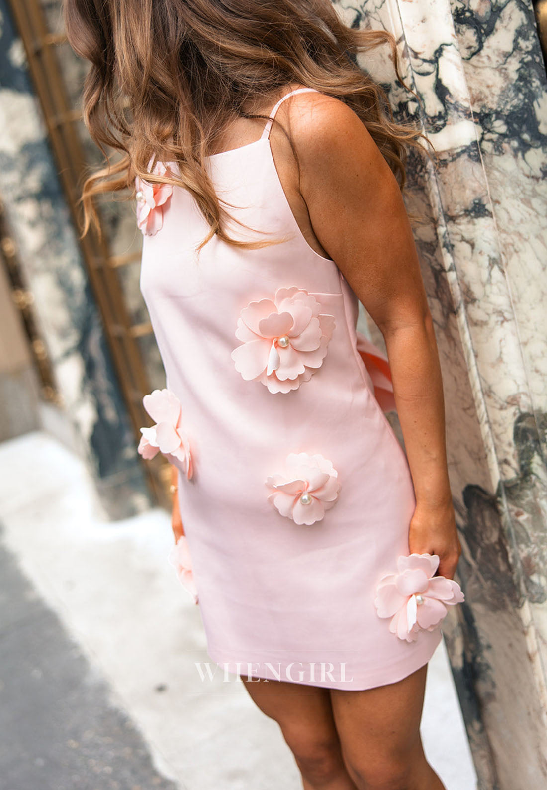 Mini Satin Dress with 3D Flower Appliques & Bow Back