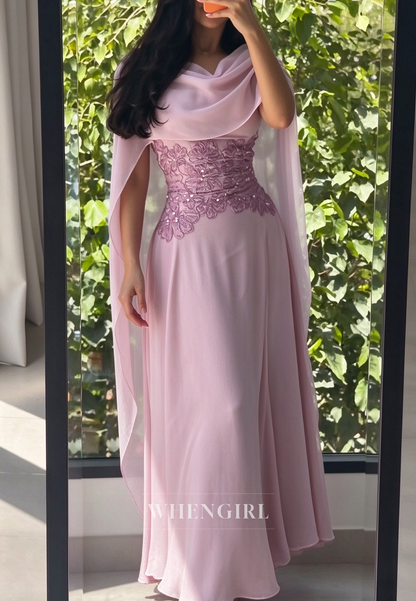 Chiffon A-Line Gown with Sequin Bodice & Cape