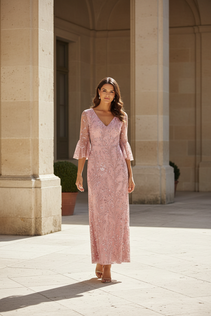Sequin Floral V-Neck A-Line Gown with Bell Sleeves