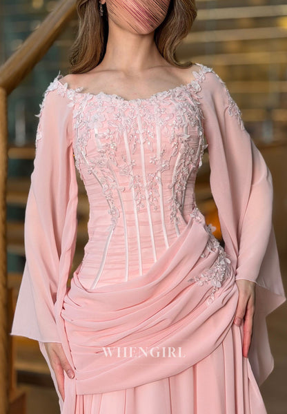 Corset Evening Gown with Draped Waist & Bell Sleeves