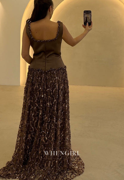 Square Neck Dropped Waist Sequin Evening Gown