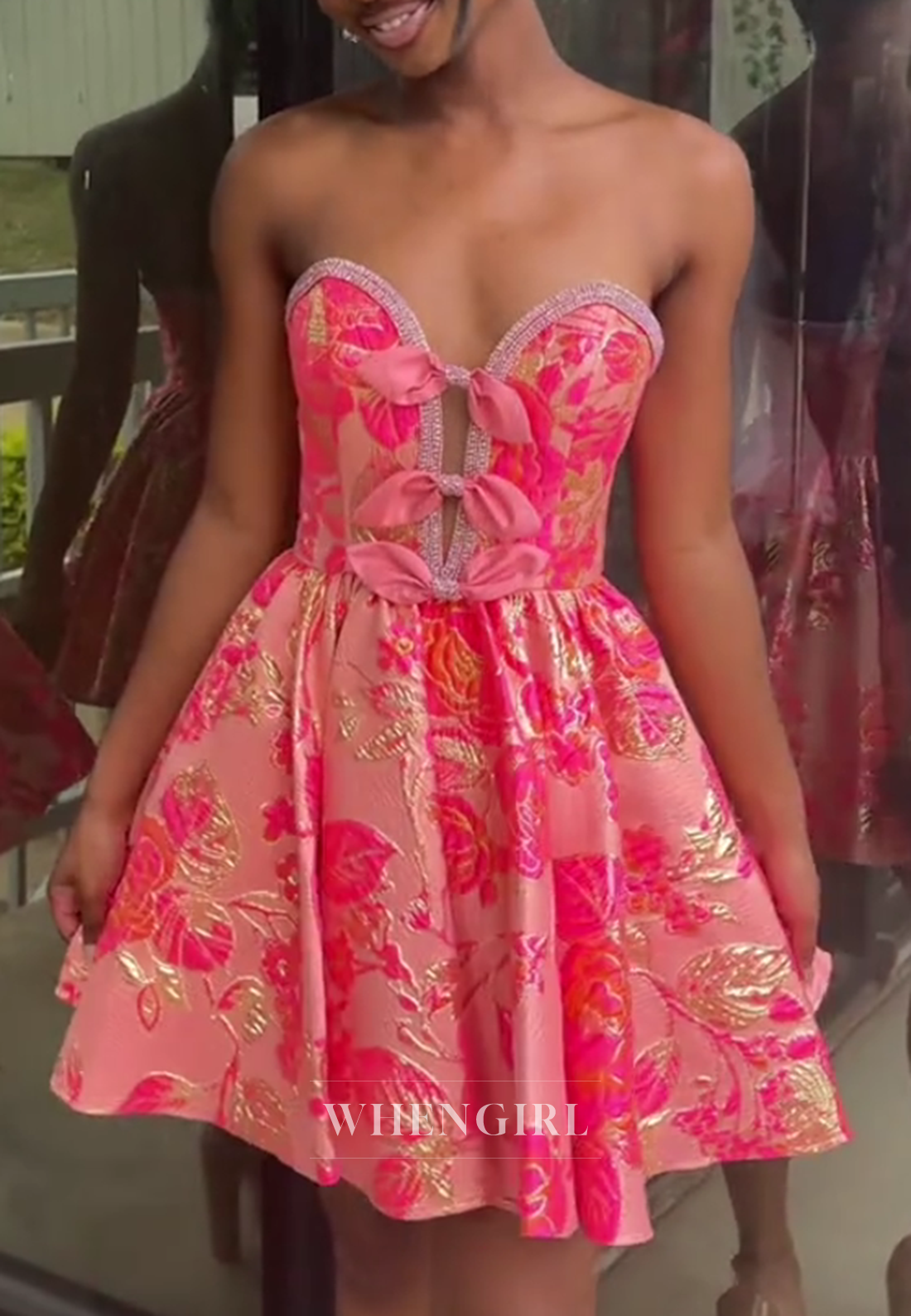 Floral Jacquard Strapless Mini Dress with Bows