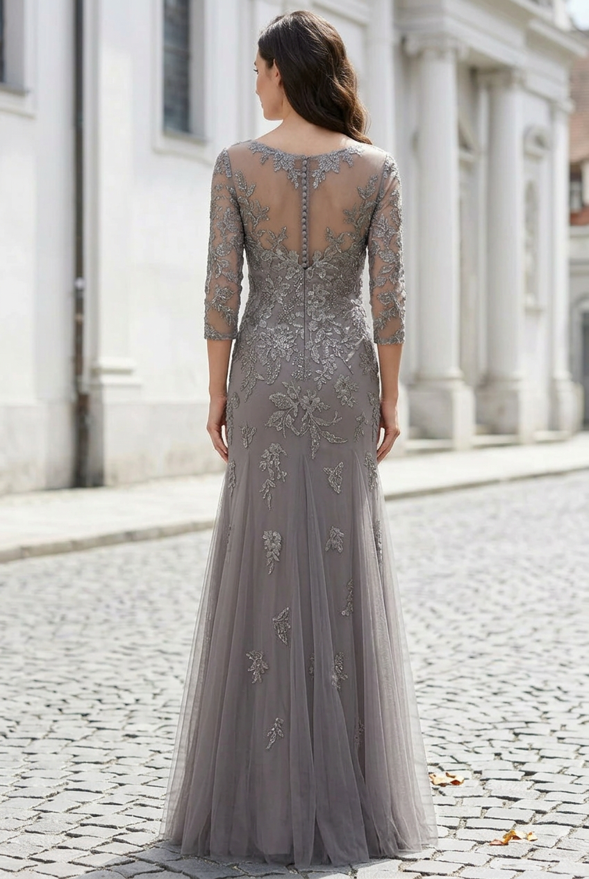 Embroidered V-Neck Mermaid Gown with 3/4 Sleeves