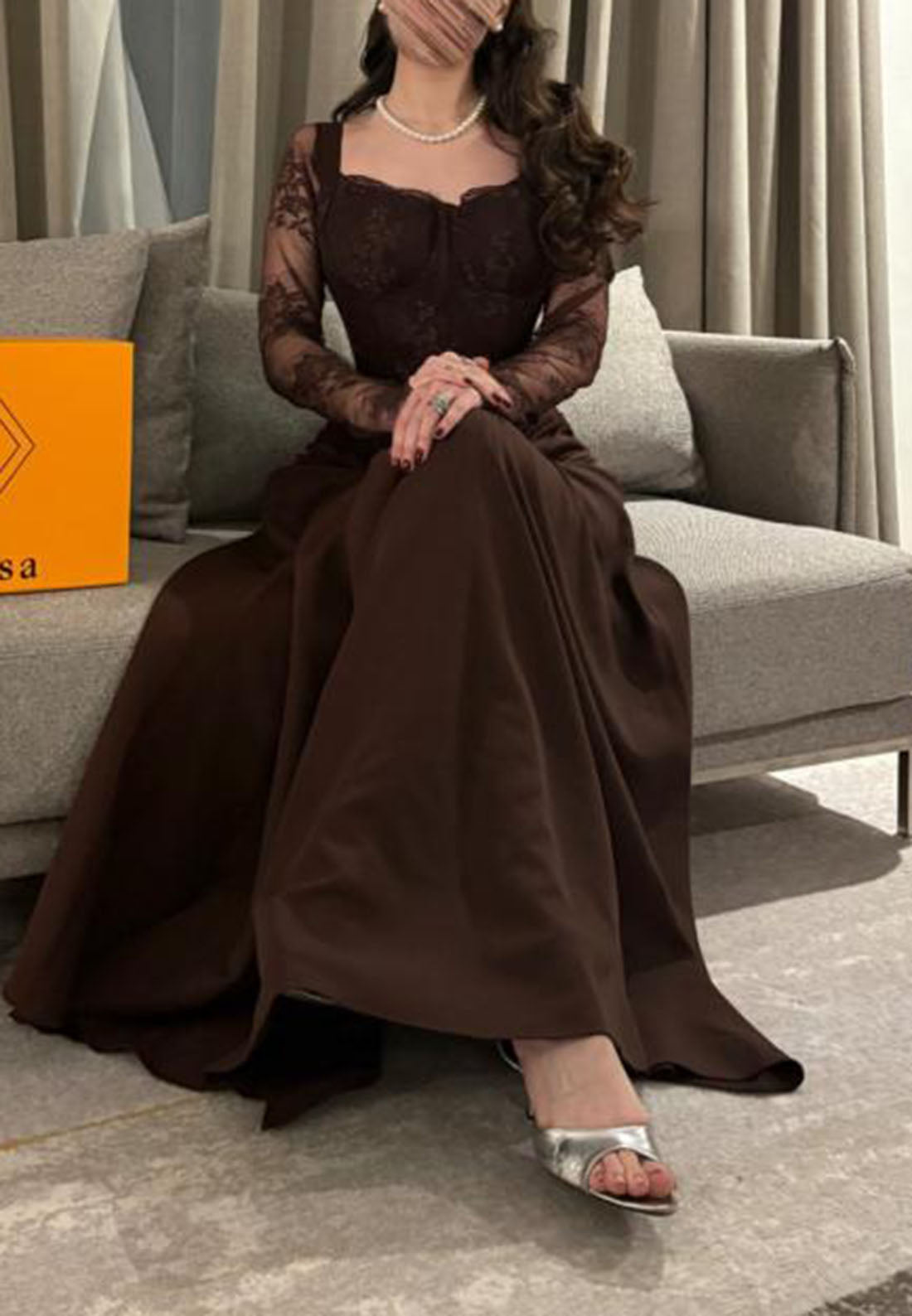 Lace Corset Long Sleeve A-Line Evening Gown