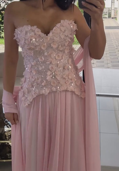 3D Floral Corset Floor-Length Dress with Shawl
