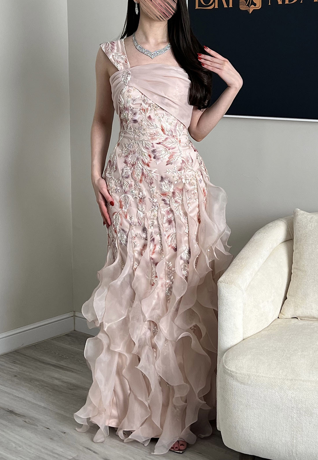 One-Shoulder Embroidered Tiered Ruffle Gown
