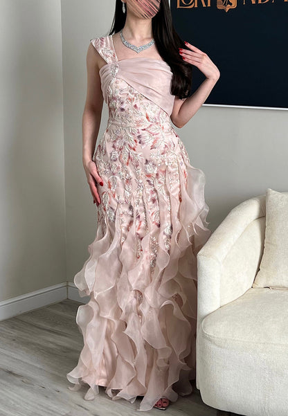 One-Shoulder Embroidered Tiered Ruffle Gown