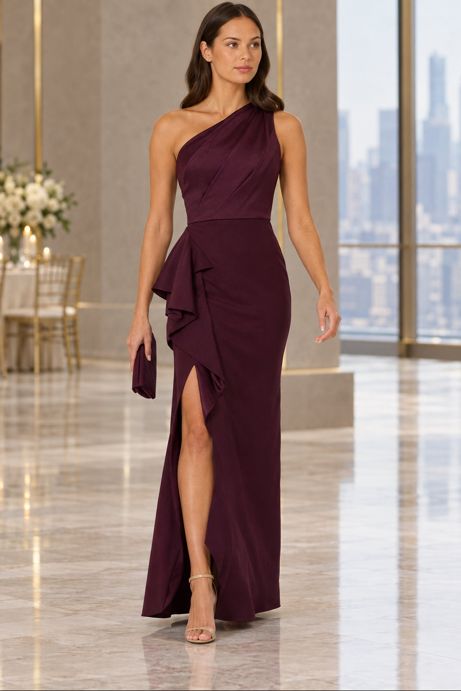 One-Shoulder Pleated Gown with Side Ruffle Slit