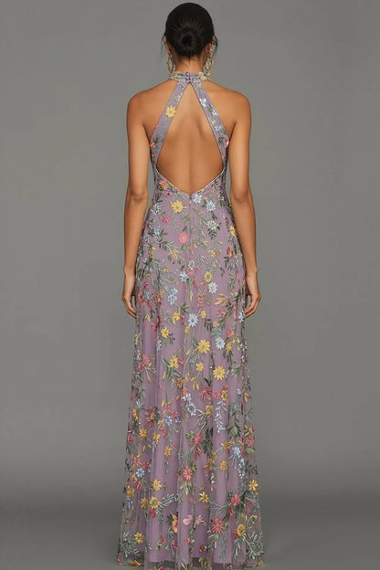 Floral Embroidered Halter Gown with High Slit