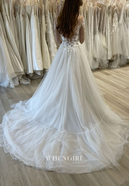 Floral Lace Illusion Long Sleeve Tulle Wedding Dress