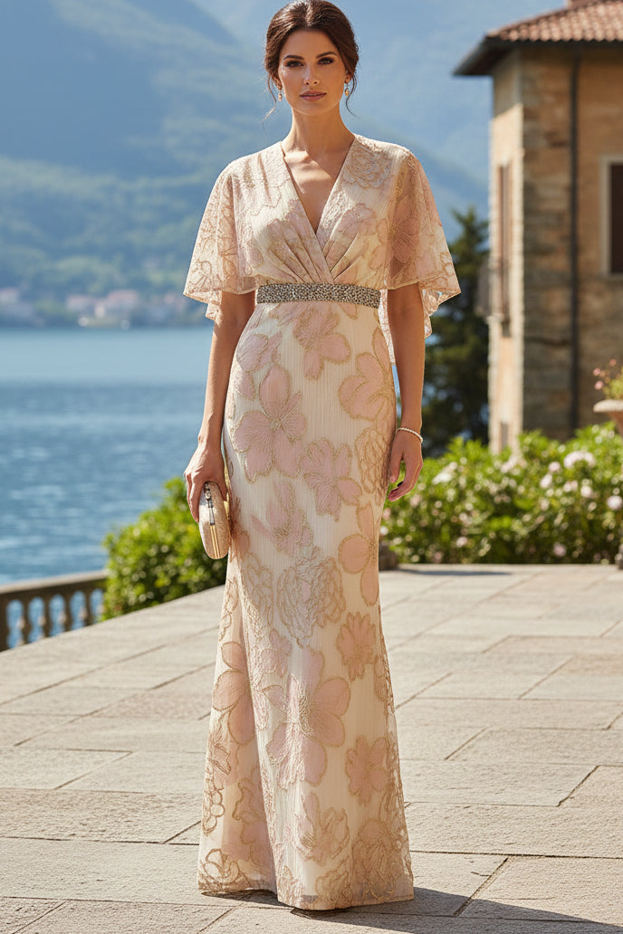 Floral Jacquard Flutter Sleeve Gown with Beaded Belt