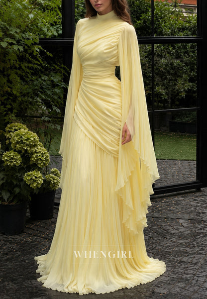High Neck Pleated Gown with Cape Sleeves