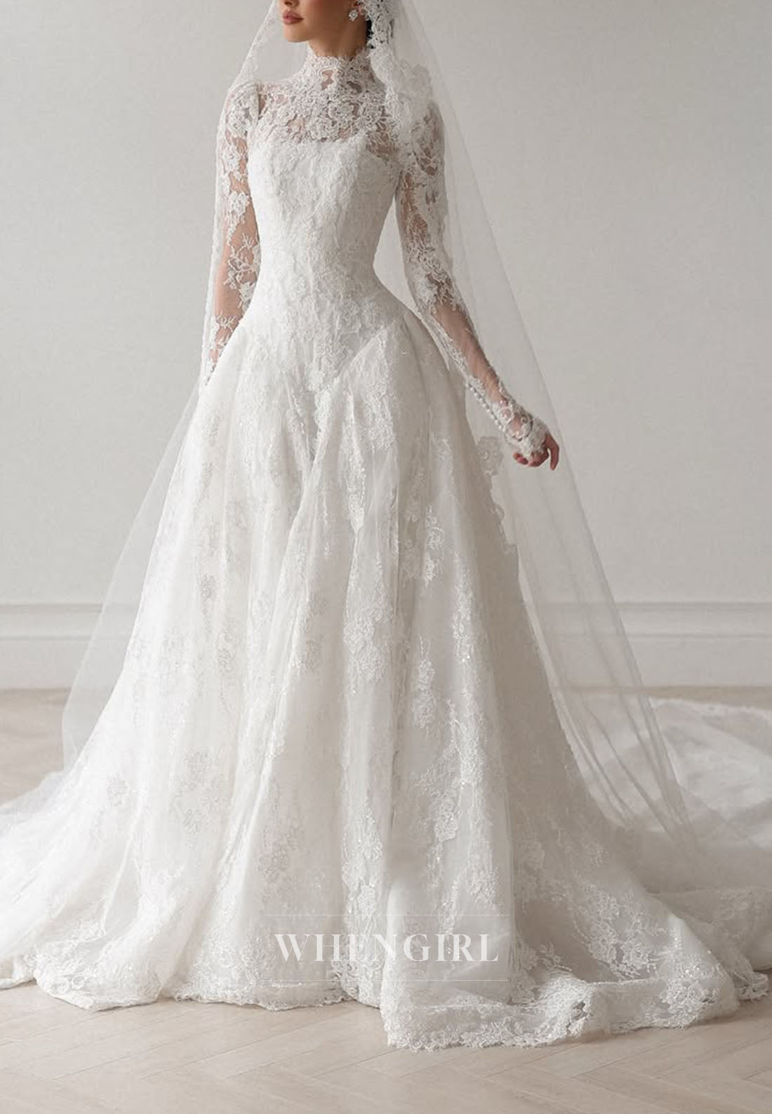 High Neck Lace Long Sleeve Wedding Dress